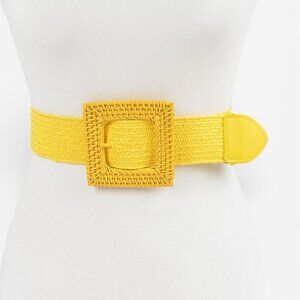 BNWT Brand New Raffia Square Buckle Faux Straw Elastic Fashion Belt - YELLOW